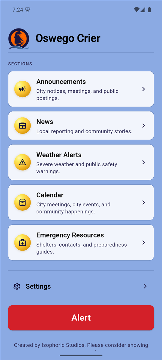 Oswego Crier home screen showing the Announcements, News, Weather Alerts, Calendar, and Emergency Resources sections