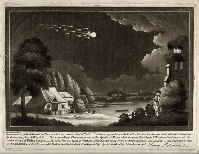 Astronomy; a meteor shower in the night sky. Mezzotint. Wellcome V0024753