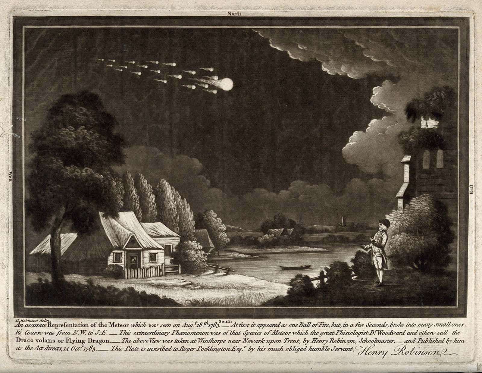Astronomy; a meteor shower in the night sky. Mezzotint. Wellcome V0024753